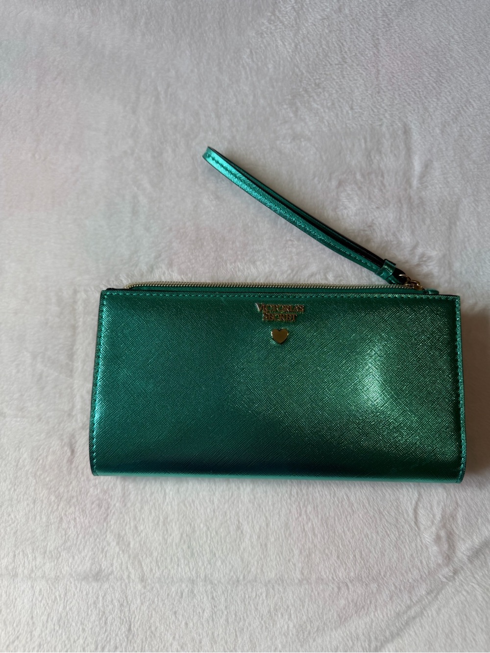 Victoria's Secret Metallic Teal Wristlet Clutch with Gold Logo